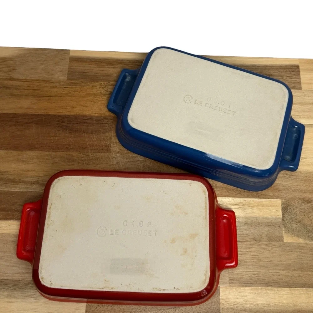 Le Creuset 1 Qt Mini Rectangular Baking Dishes 7x5 Stoneware Red Blue Set of 2